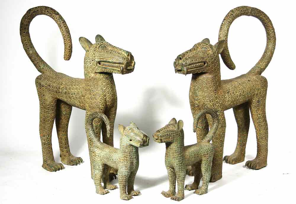 Appraisal: BENIN BRONZE SCULPTURES - Standing Leopards two large and two