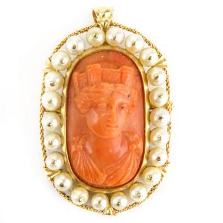 Appraisal: Antique Italian Carved Red Coral Pearl and Karat Yellow Gold