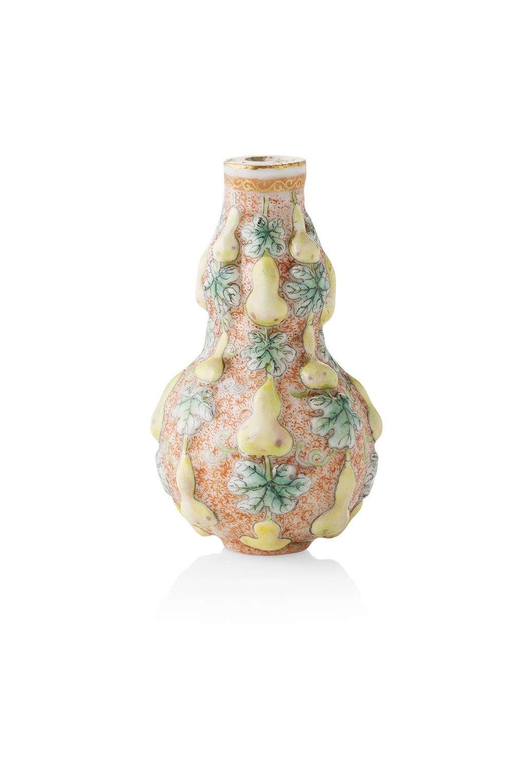 Appraisal: DOUBLE-GOURD-SHAPED PORCELAIN SNUFF BOTTLE QIANLONG MARK shaped as a double-gourd