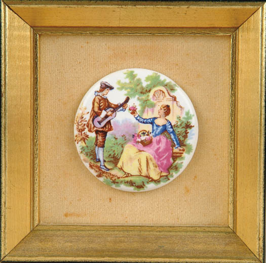 Appraisal: THREE FRAMED DECORATED LIMOGES TYPE MINIATURE PLAQUES Identically housed in