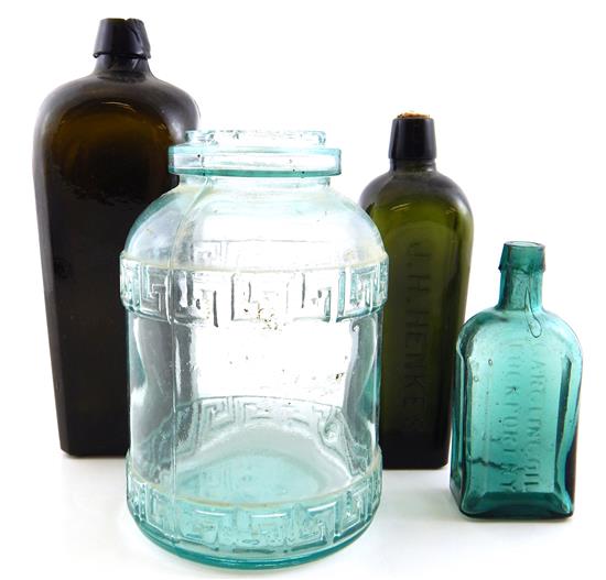 Appraisal: GLASS Four bottles SAFETY VALVE PAT'D MAY canning jar aqua