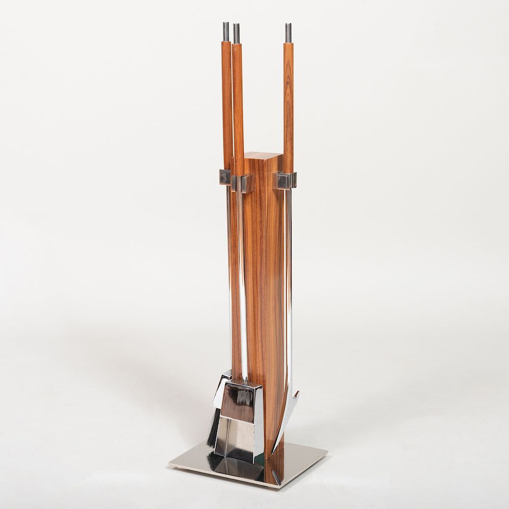 Appraisal: Modern Rosewood and Chrome Fire Tools Comprising A poker A