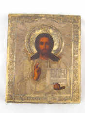 Appraisal: A th century icon of Christ Pantocrator with silver gilt