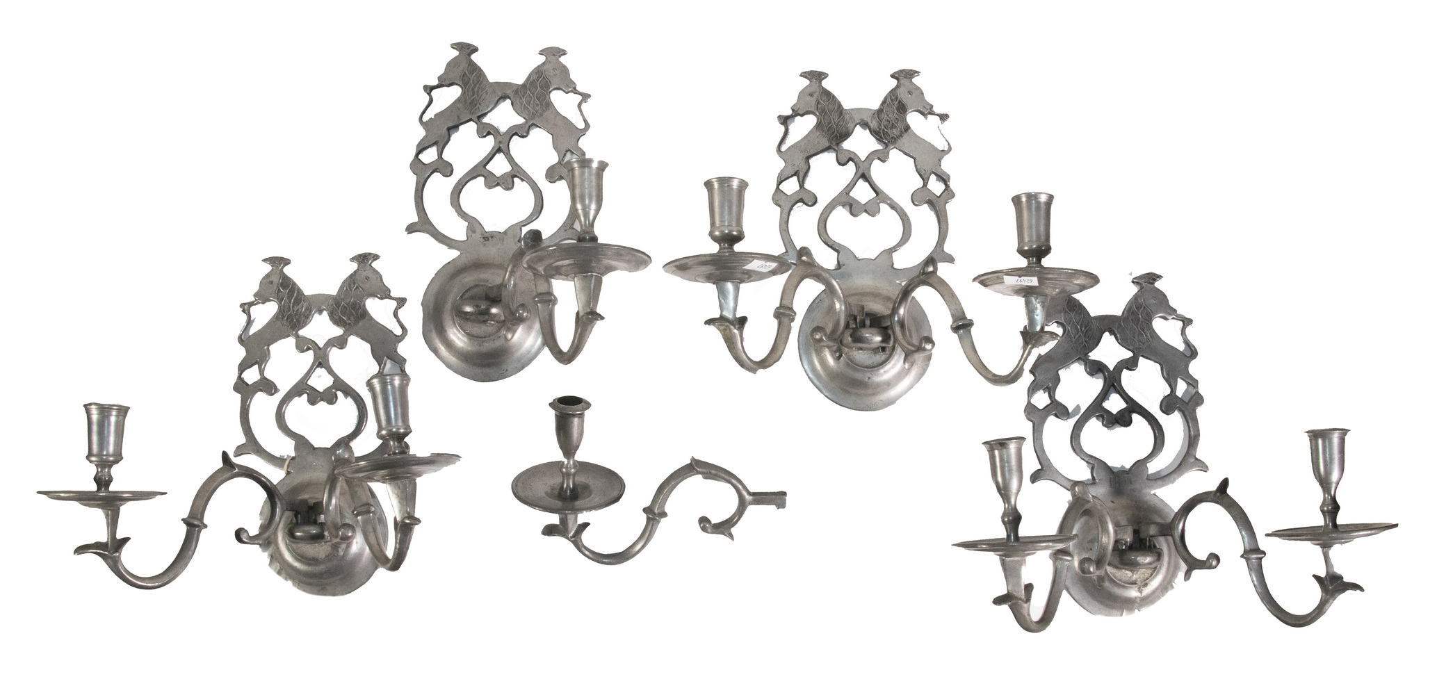 Appraisal: EARLY PEWTER CANDLE SCONCES Group of th c Continental Two