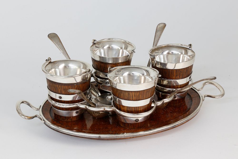 Appraisal: English Silver Plated and Oak Egg Caddy and Matching Tray