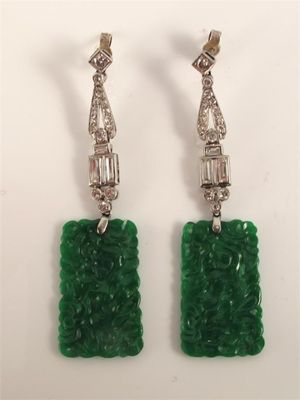 Appraisal: A pair of Art Deco diamond and jade drop earrings