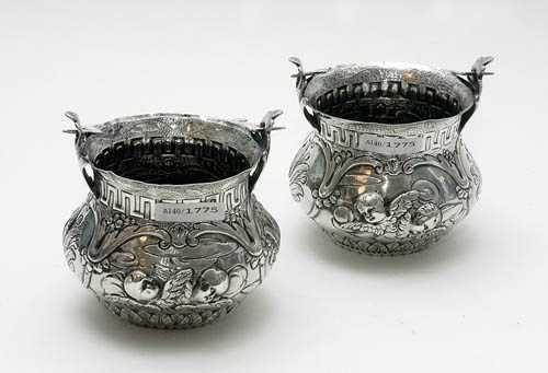 Appraisal: PAIR OF INCENSE BURNERS Probably Germany th century Handle with