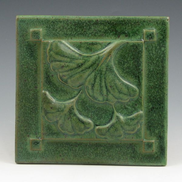 Appraisal: Prairie Art Pottery ginkgo leaves tile in Arts Crafts matte