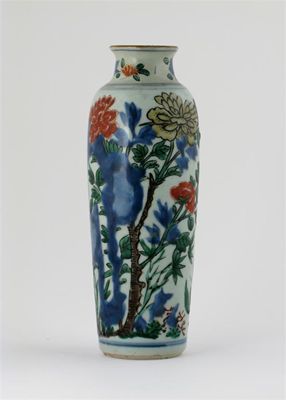 Appraisal: A Chinese wucai cylindrical vase typically decorated with flowers and