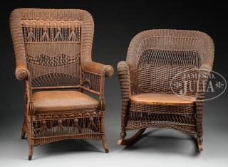 Appraisal: FINE VICTORIAN WICKER ARMCHAIR AND WICKER ROCKER Very fancy high-quality