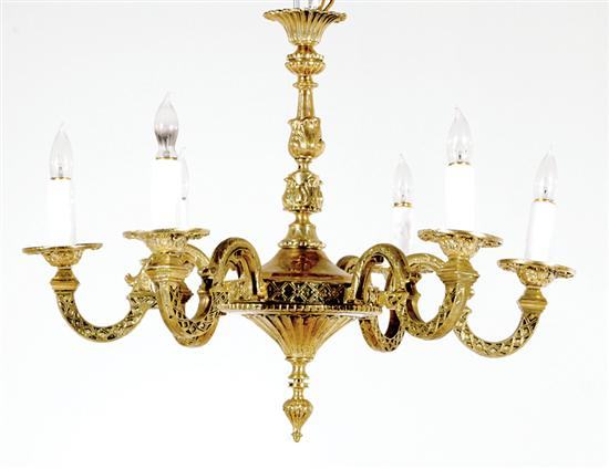 Appraisal: Continental six-light brass chandelier circa baluster stem extending to canopy