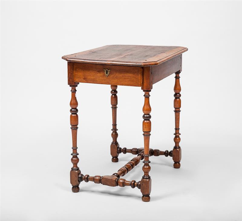 Appraisal: William and Mary Style Walnut Single-Drawer Table With chamfered rectangular