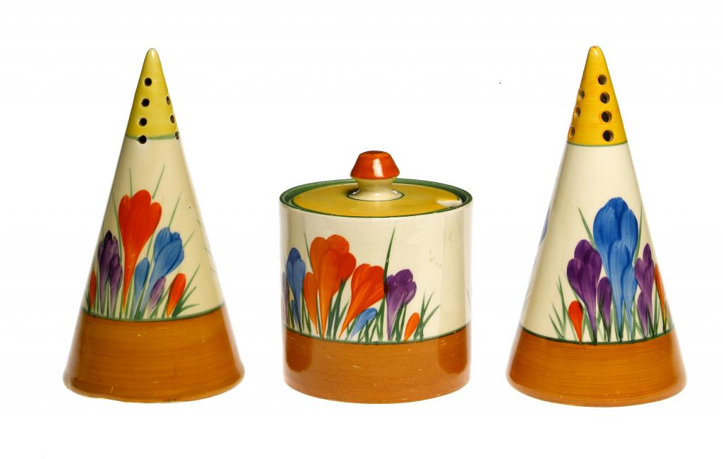 Appraisal: CLARICE CLIFF TWO A J WILKINSON AUTUMN CROCUS CONICAL SUGAR