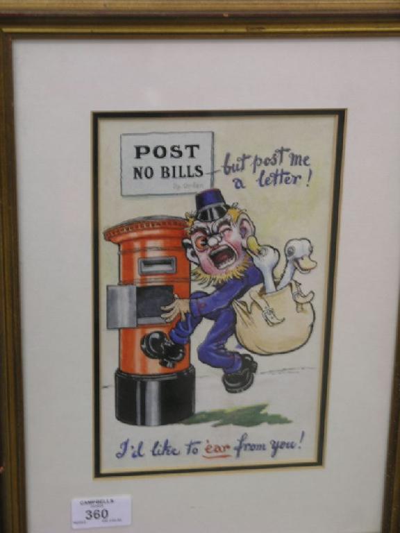 Appraisal: An original postcard design in watercolour comical subject postman at