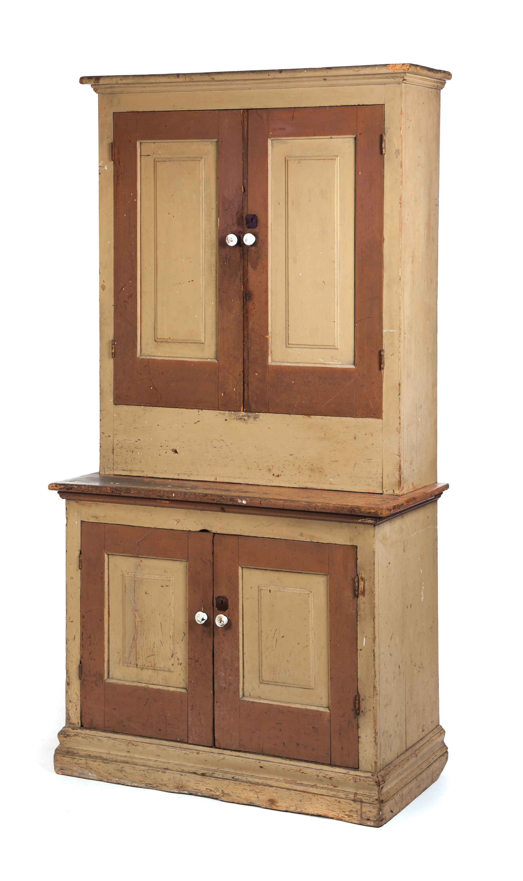 Appraisal: PAINTED ONE-PIECE STEPBACK CUPBOARD American nd half- th century pine