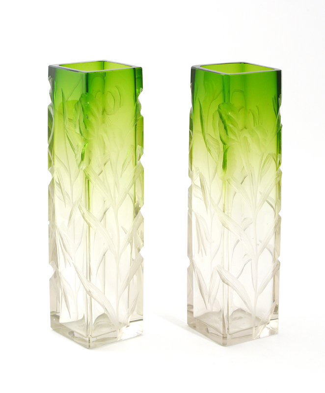 Appraisal: PR SIGNED MOSER CUT GLASS VASES Graduating green to clear