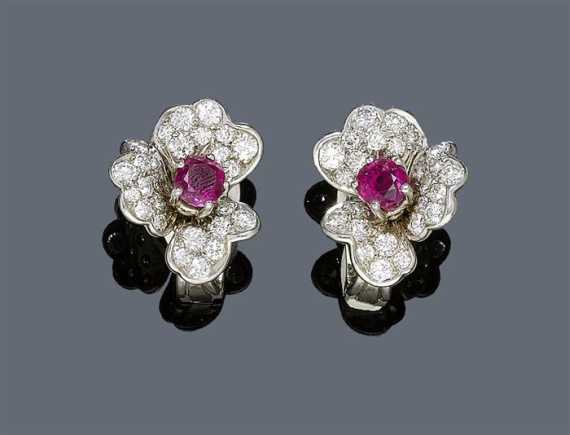 Appraisal: RUBY AND DIAMOND EAR CLIPS KERN ca White gold Decorative