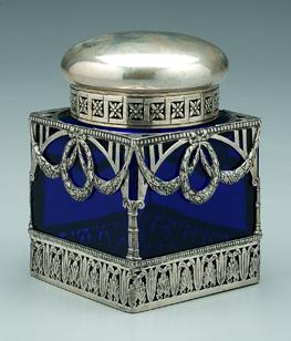 Appraisal: Blue glass and silver decanter square form round neck and