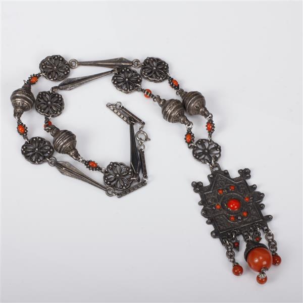 Appraisal: Tribal Middle Eastern Coral Hammered Silver Necklace pendant