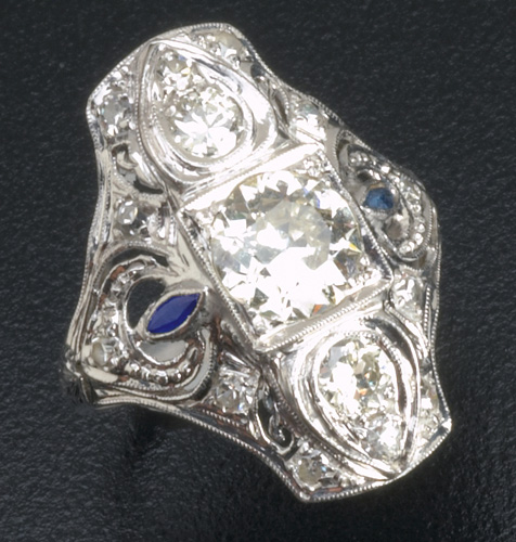 Appraisal: Art Deco diamond and pt cocktail ring with marquise-cut sapphires