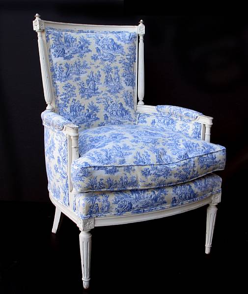 Appraisal: A Louis XVI style paint decorated and toile upholstered chair