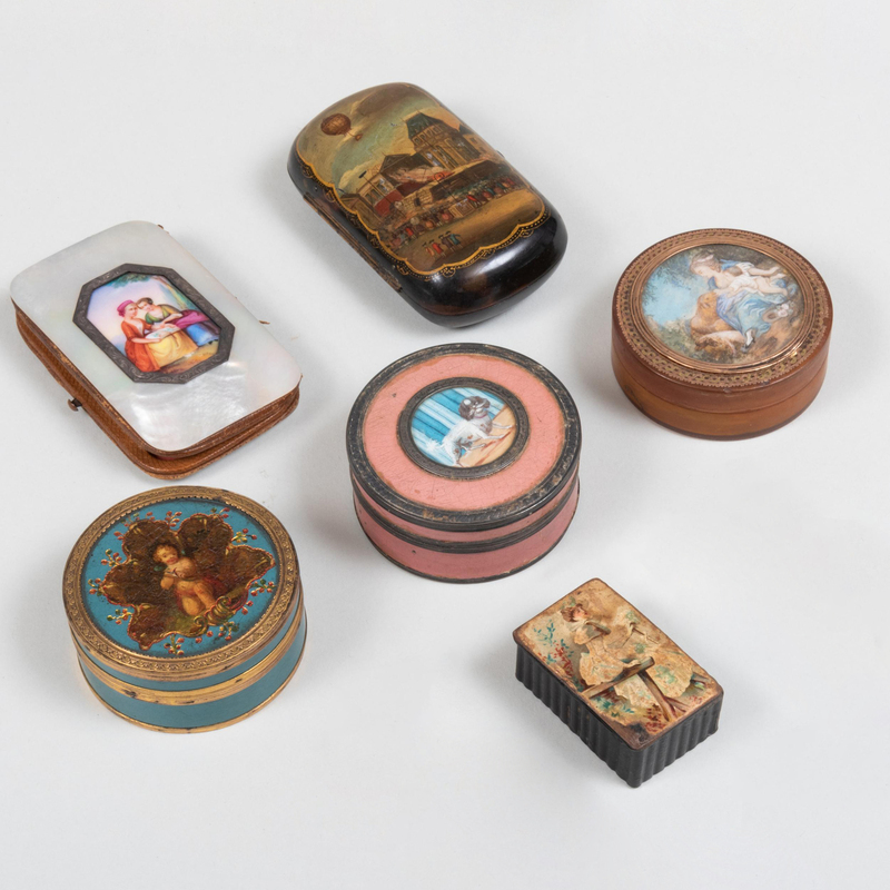 Appraisal: Group of Continental Snuff Boxes Comprising A metal mounted box