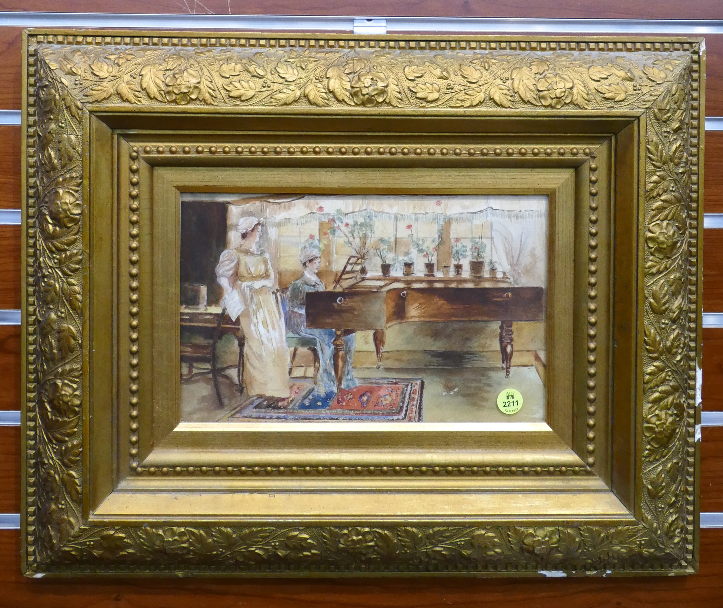 Appraisal: Antique Women Playing Piano Watercolor Framed- x ''