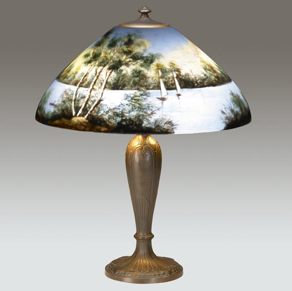 Appraisal: JEFFERSON Table lamp with a reverse-painted glass shade featuring a