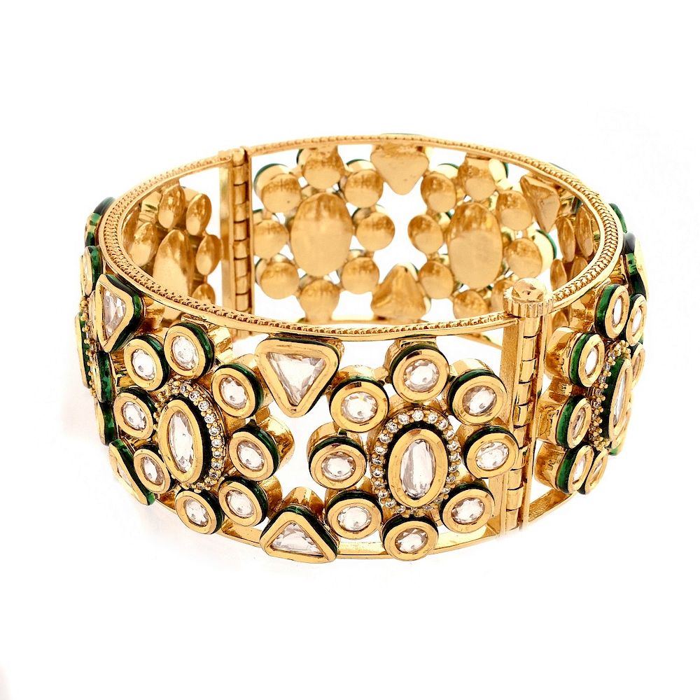 Appraisal: Indian Kundun and Vermeil Cuff Bangle Modern Indian Multi Cut