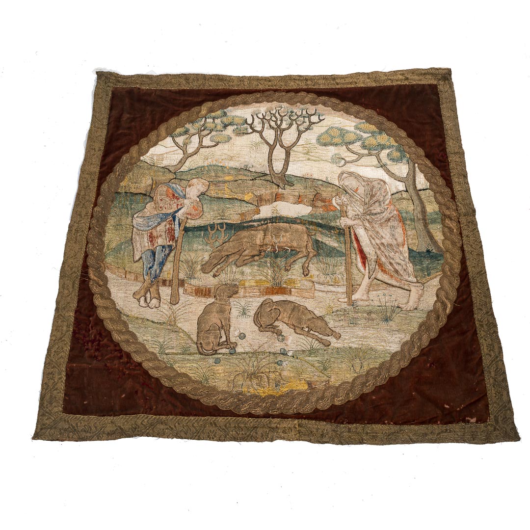 Appraisal: English silk needlework and stumpwork panel th century large circular