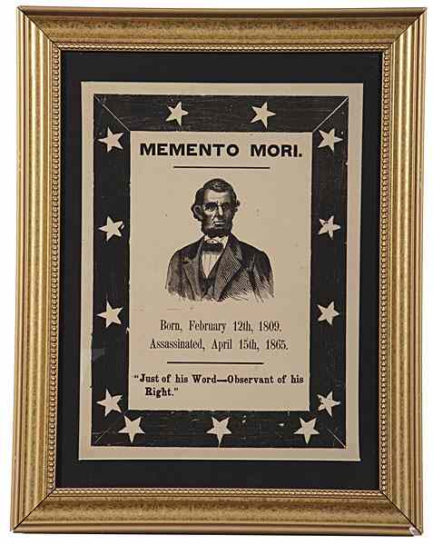 Appraisal: Abraham Lincoln Woodcut Memento Mori Woodcut broadside ca featuring a