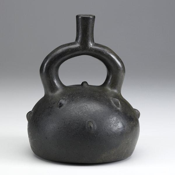 Appraisal: Mochica stirrup vessel Peru AD - Black terra cotta bottle