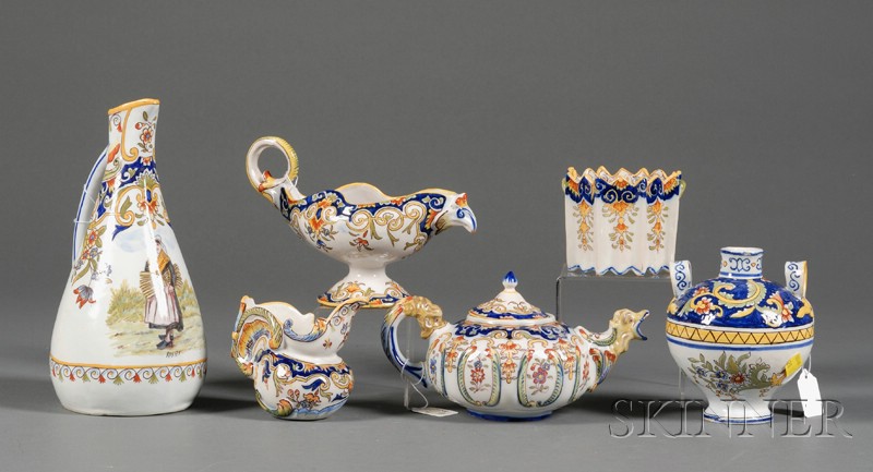 Appraisal: Six French Faience Items France late th century each polychrome