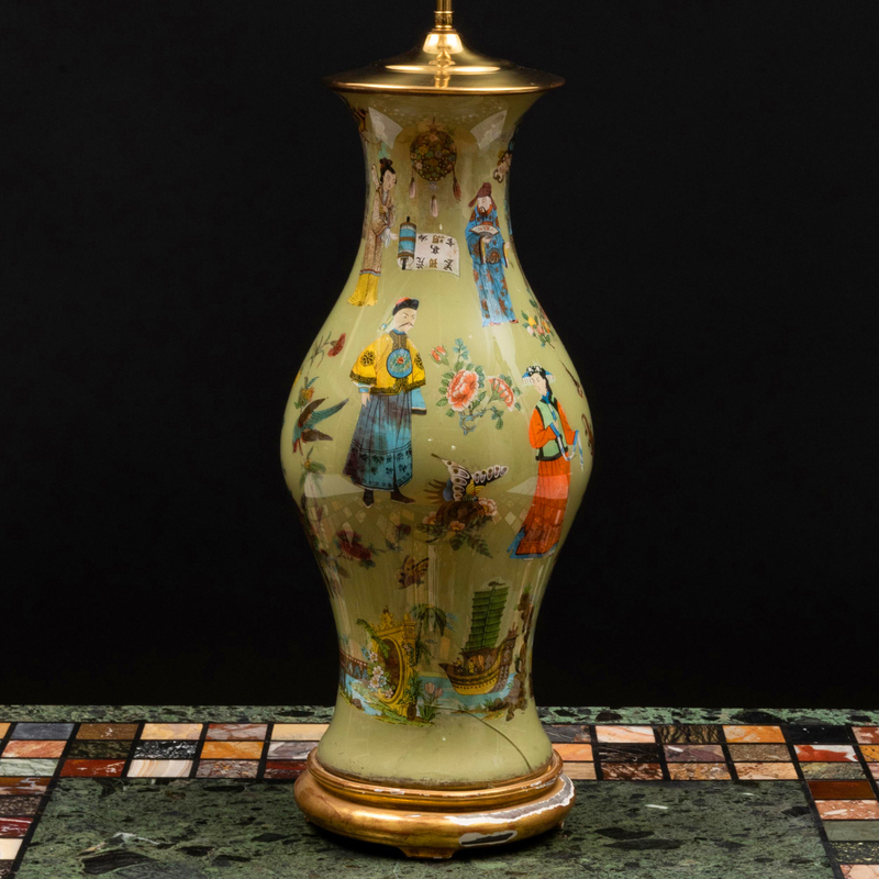 Appraisal: English Chinoiserie Decorated Decoupage Lamp in overall Condition Old restorations