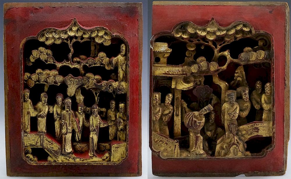 Appraisal: Pair of Antique Chinese Carved High Relief Panels Pair of