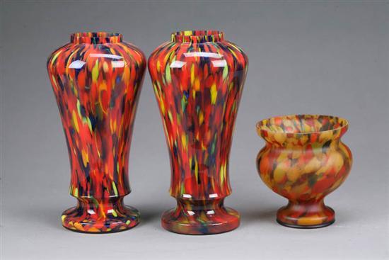 Appraisal: THREE PIECES OF GLASS Two similar spatter vases h And