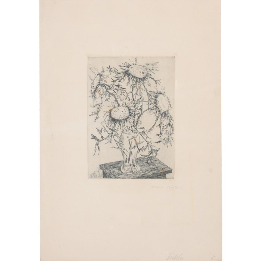 Appraisal: Terri Biehl th Century still life with sunflowers etching pencil