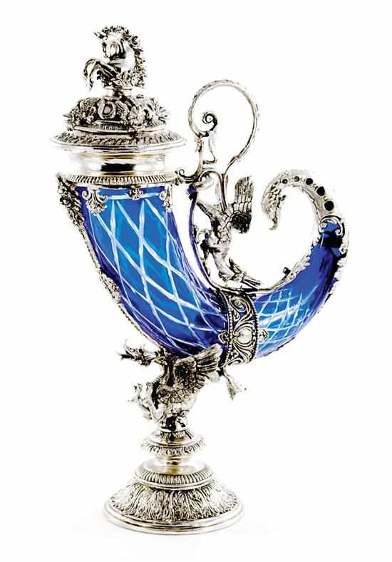 Appraisal: Renaissance style silverplate-mounted cornucopia cut cobalt glass adorned with Classical