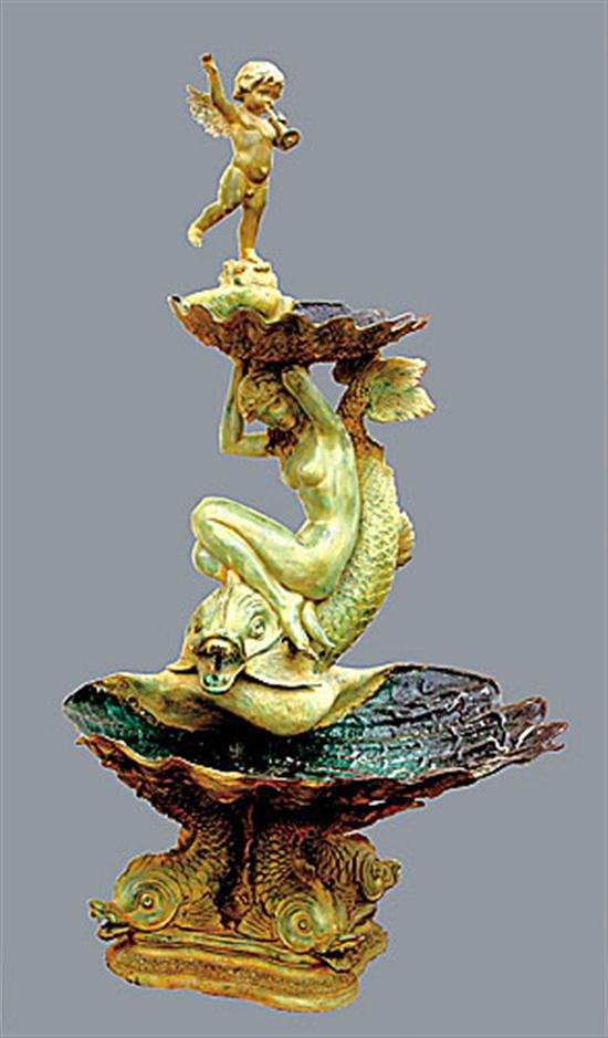 Appraisal: Figural bronze fountain CUPID AND MAIDEN ON DOLPHIN FOUNTAINbronze with