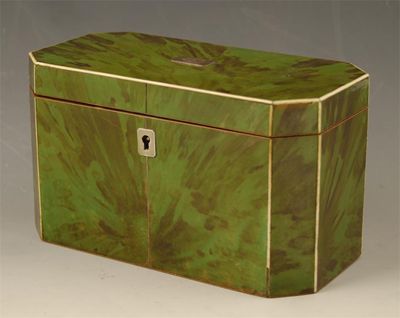 Appraisal: A th century green tortoiseshell rectangular tea caddy with canted