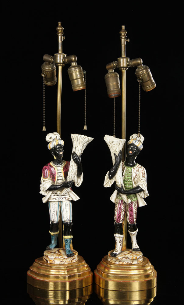 Appraisal: - Pr Italian Ceramic Blackamoor Lamps Pair of Italian blackamoor