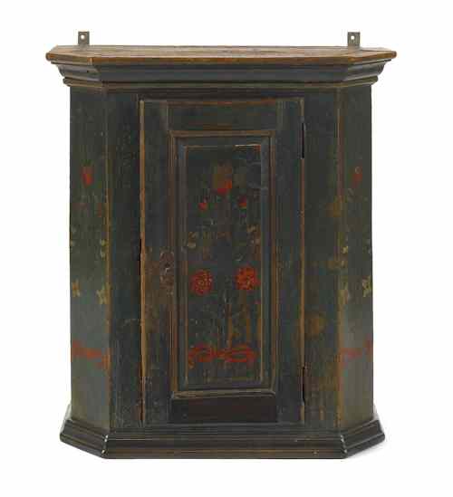 Appraisal: Continental painted pine hanging wall cupboard ca with floral decoration