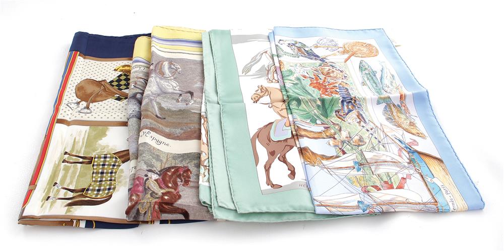 Appraisal: Hermes and Gucci horse-pattern silk scarves Samuel de Champlain x