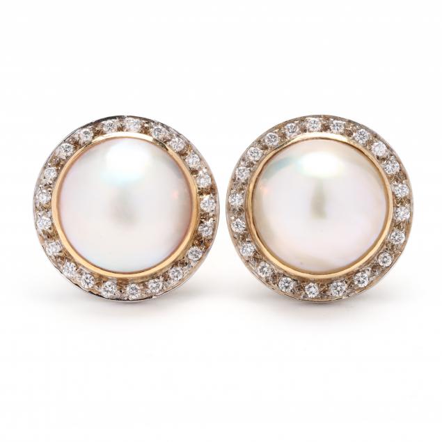 Appraisal: Bi-Color Gold Mab Pearl and Diamond Earrings The round mab