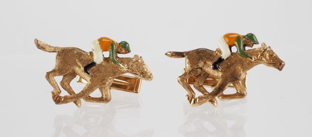 Appraisal: PAIR K GOLD FIGURAL JOCKEY HORSE CUFFLINKSPair K yellow gold