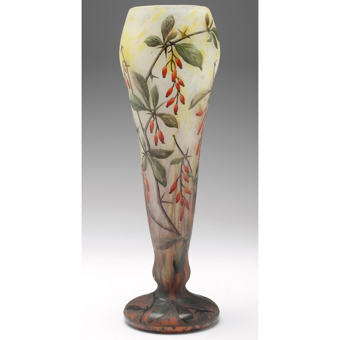 Appraisal: Daum vase tall tapered form with enameled orange berries and