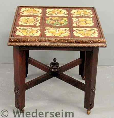 Appraisal: Mahogany Art Nouveau table with a square tiled top h