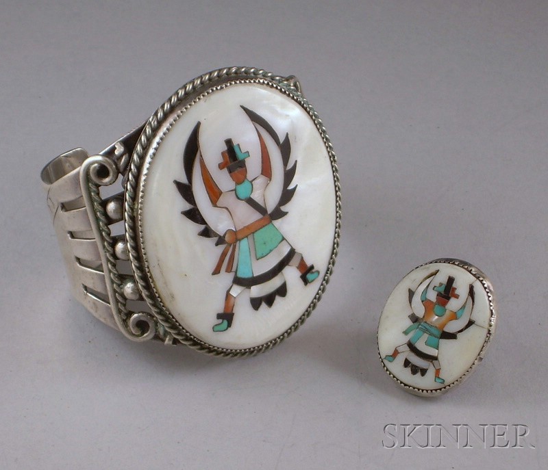 Appraisal: Southwest Bracelet and Ring Set with inset winged man on