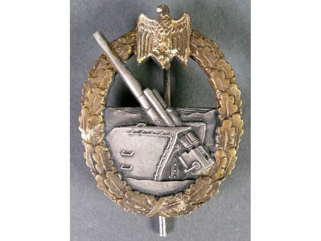 Appraisal: PERIOD' THIRD REICH KRIEGSMARINE COASTAL DEFENCE BADGE maker marked verso