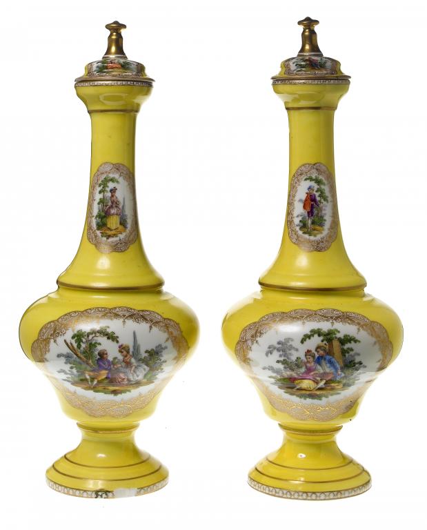 Appraisal: A PAIR OF DRESDEN YELLOW GROUND VASES AND COVERS HELENA